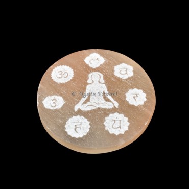 Buddha Engraved Orange Selenite Circle Round Charging Plate