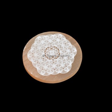 Yantra With Flower Of Life Orange Selenite Circle Round Charging Plate