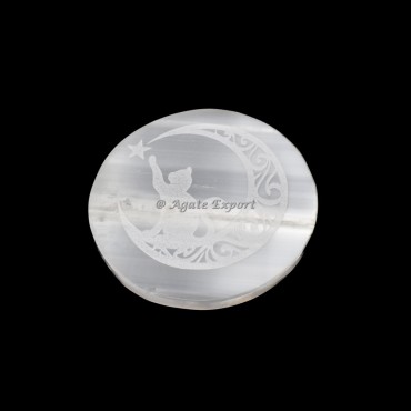 Cat With Moon Selenite Circle Round Charging Plate