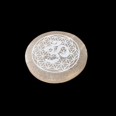Flower OF Life With Om Orange Selenite Circle Round Charging Plate