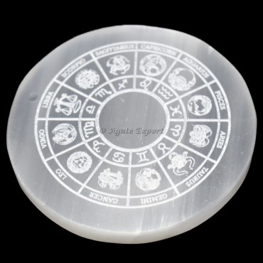Zodiac Symbol Engraved Selenite Circle Round Charging Plate