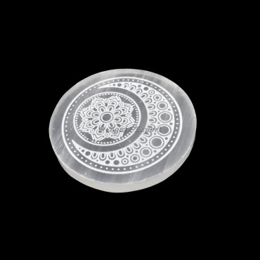 Engraved Mandala Moon Selenite Circle Round Charging Plate