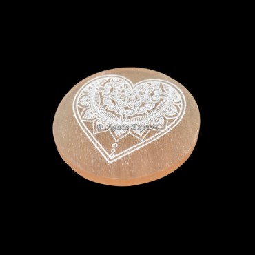 Heart Mandala Orange Selenite Circle Round Charging Plate