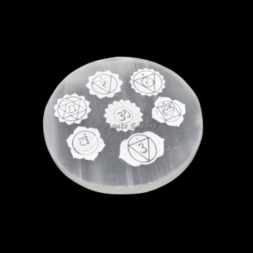 Engraved Seven Chakra Selenite Circle Round Charging Plate