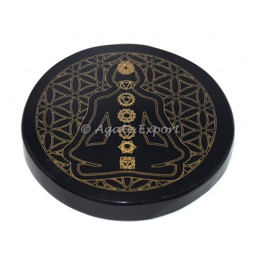 Flower of life buddha black agate engraved coaster