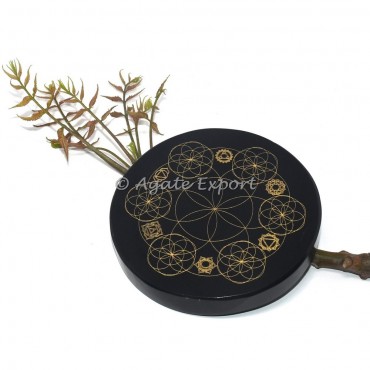 Seed of life with chakra black agate engraved coaster