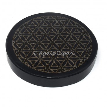 Flower of life black agate engraved coaster