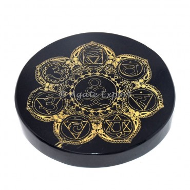 Sanskrit seven chakra  black agate engraved coaster