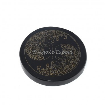 Tree of life engraved  black agate engraved coaster