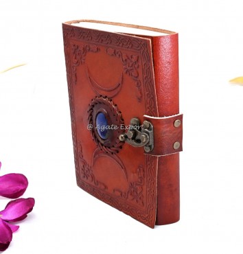 Leather Journal with Triple Moon and Lapis Lazuli Inlay