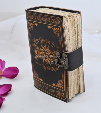 Leather Journal with Sun and Triple Moon Design and Pentacle Symbol