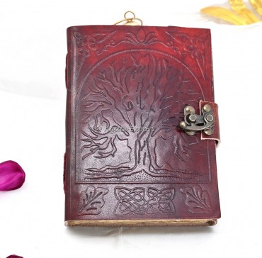 Handcrafted Red Leather Journal with Tree of Life Embossing Vintage Celtic Diary