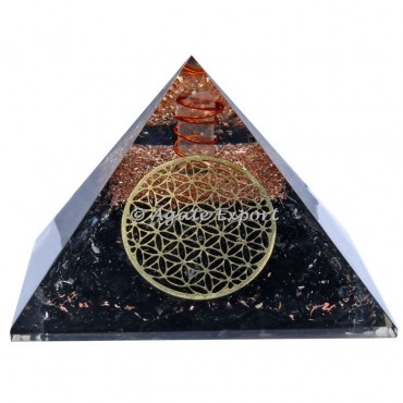 Flower of Life Black Tourmaline Crystal Orgonite Pyramid with Crystal Point