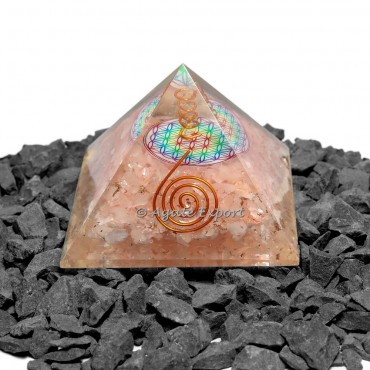 Rose Quartz With Flower Of Life Orgonite Pyramid