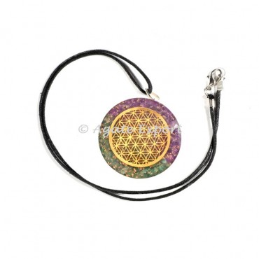 Amethyst and Green Aventurine Orgonite Flower of Life Round Pendant