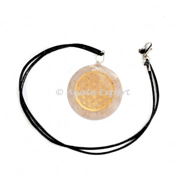 Rose Quartz Orgonite Flower of Life Round Pendant with Cord