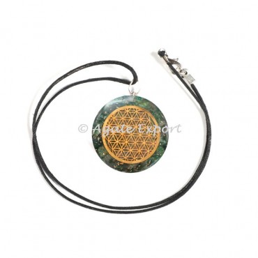 Green Jade Flower Of Life Round Orgonite Pendant with Cord