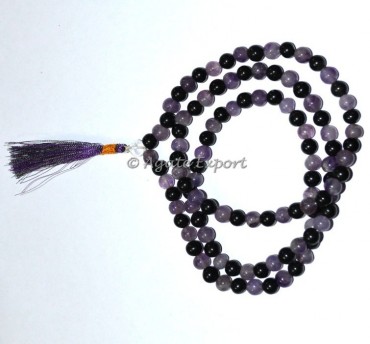 Black Agate With Amethyst Jap Mala