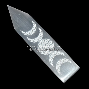 Flower Of Life Moon Engraved Selenite Wand
