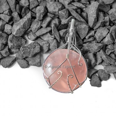 Rose Quartz Circle Wire Warp Healing Pendants