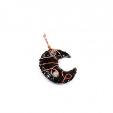 Black Obsidian Moon With Rainbow Wire Wrap Pendant